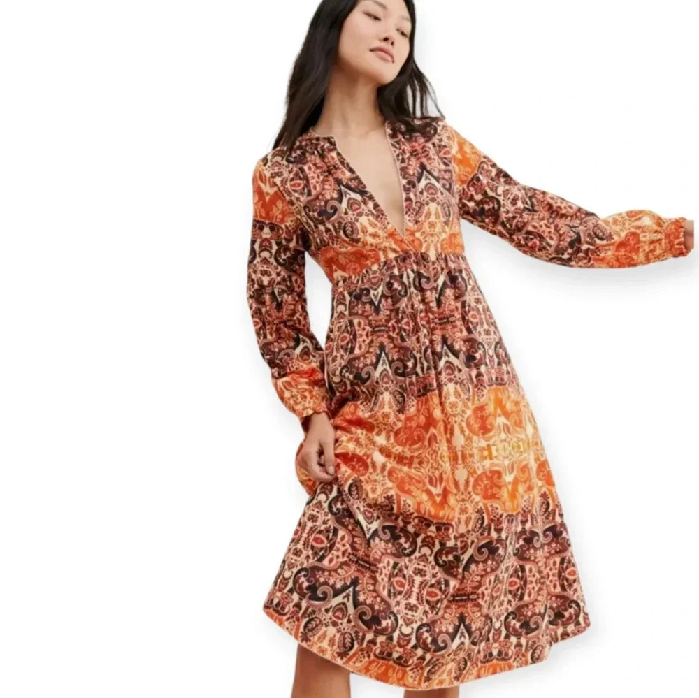 Agua Bendita for Anthropologie Elayna Midi Dress Orange Black Boho Large Petite